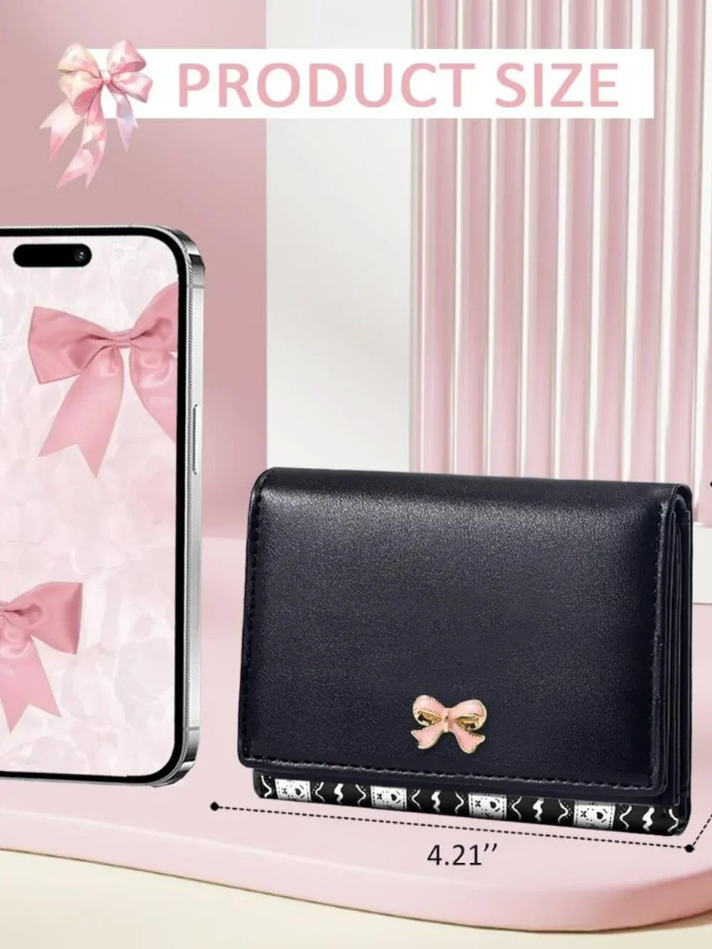 New Bow Small Wallet Pink Aesthetic w Card Slots ID Window Cute Fashion Classy‎